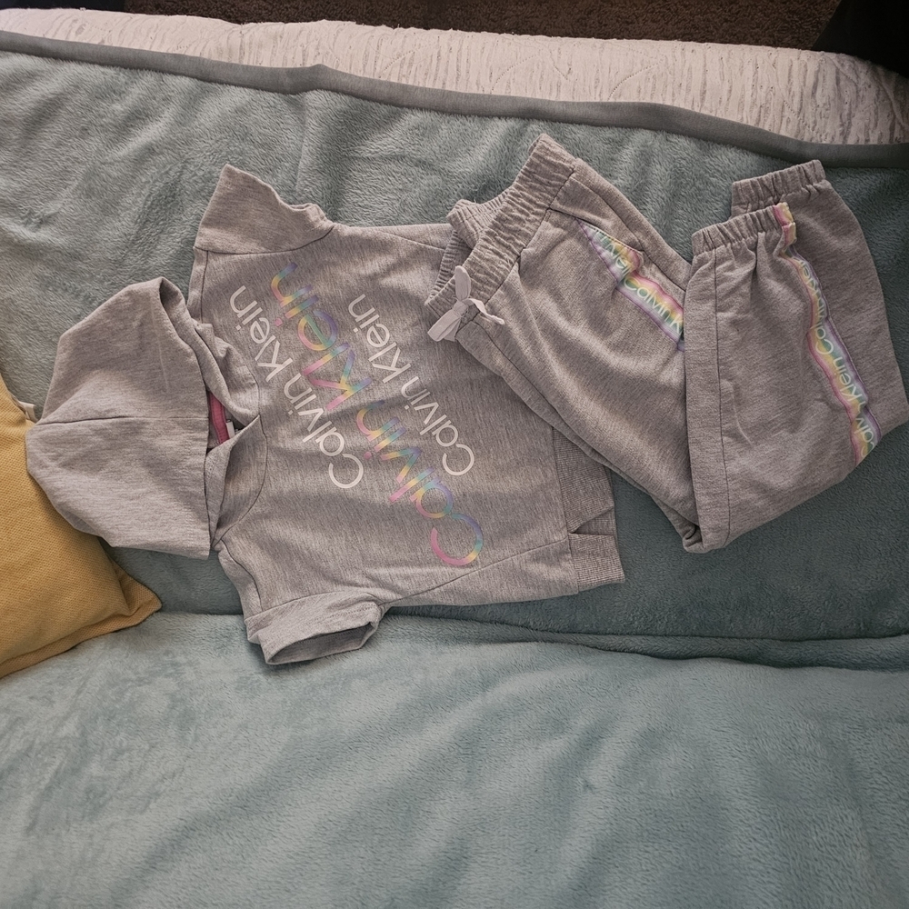 Calvin Klein Gray and Pink Short Sleeve Jogger Set with Rainbow Detail - Picture 2 of 8